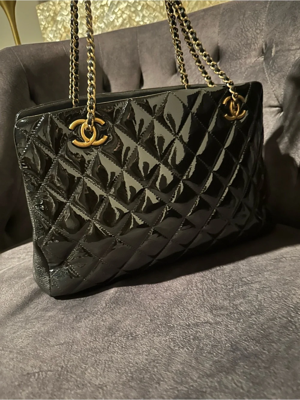 CHANEL Salzburg Quilted Patent Leather Shoulder Bag with Gold Chain Hardware